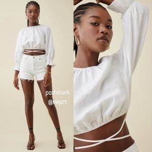 REFORMATION ✷ Bacall White Linen Crop Top Waist Tie Blouse Ruffle XS 0 2